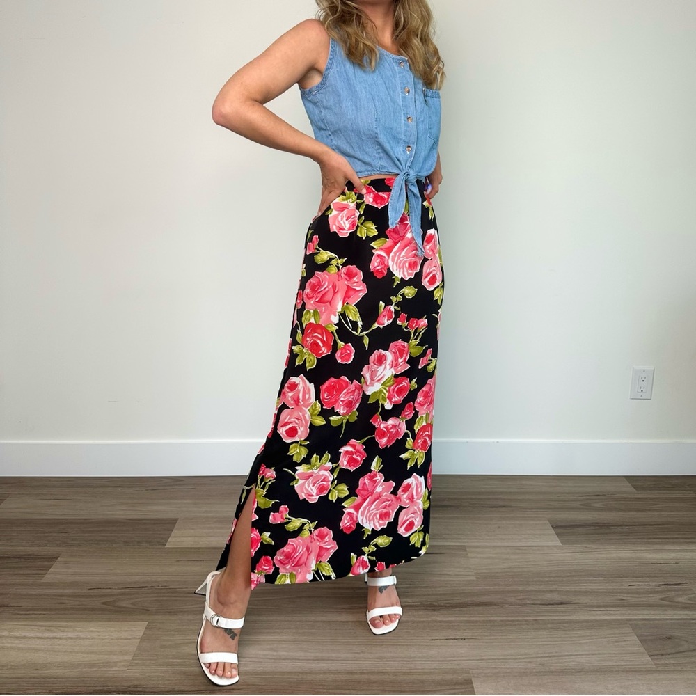 Vintage Black & Pink Floral Maxi Skirt (1X)